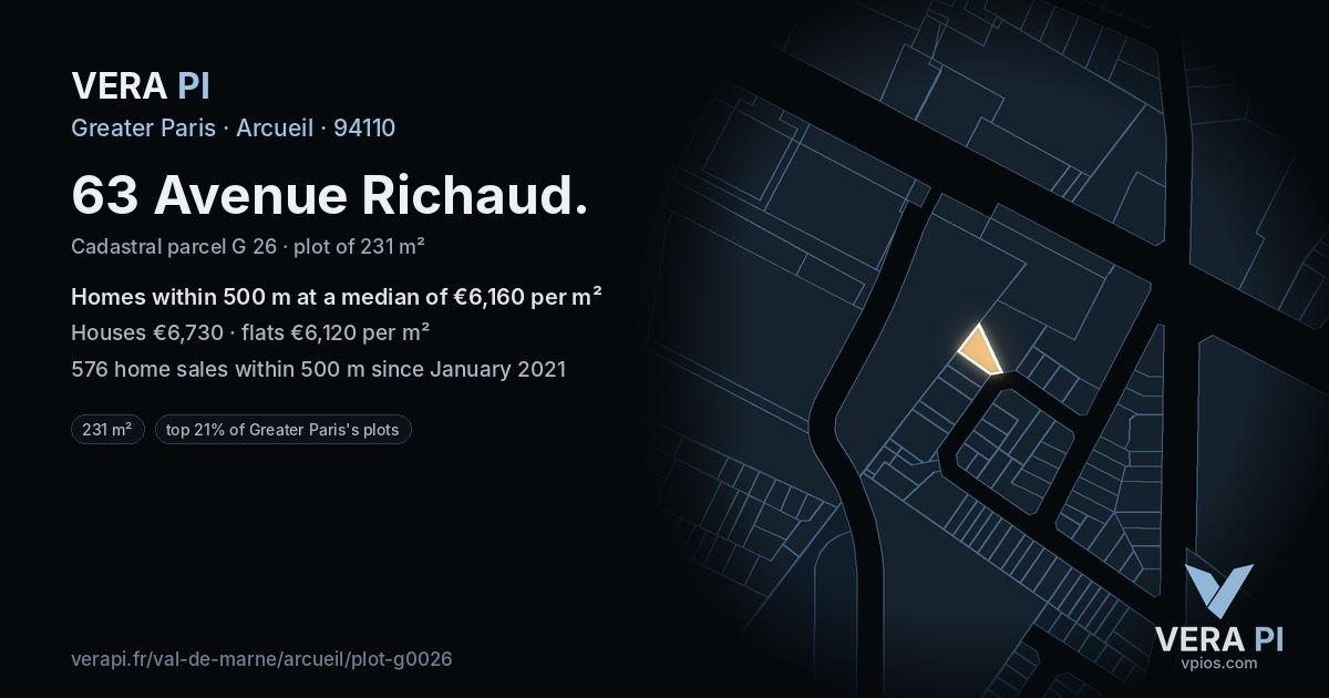 63 Avenue Richaud, Arcueil at night – the plot lit, the parcels around coloured by the prices near them