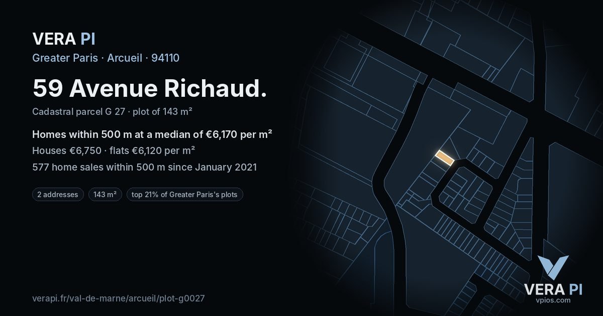 59 Avenue Richaud, Arcueil at night – the plot lit, the parcels around coloured by the prices near them