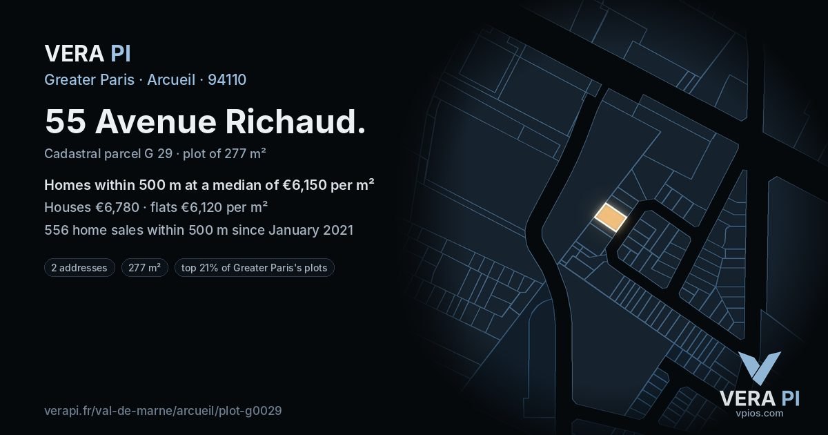 55 Avenue Richaud, Arcueil at night – the plot lit, the parcels around coloured by the prices near them