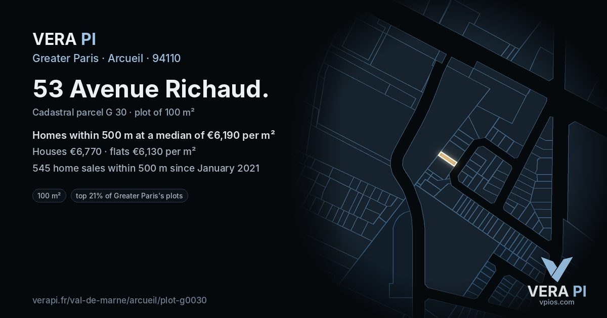 53 Avenue Richaud, Arcueil at night – the plot lit, the parcels around coloured by the prices near them