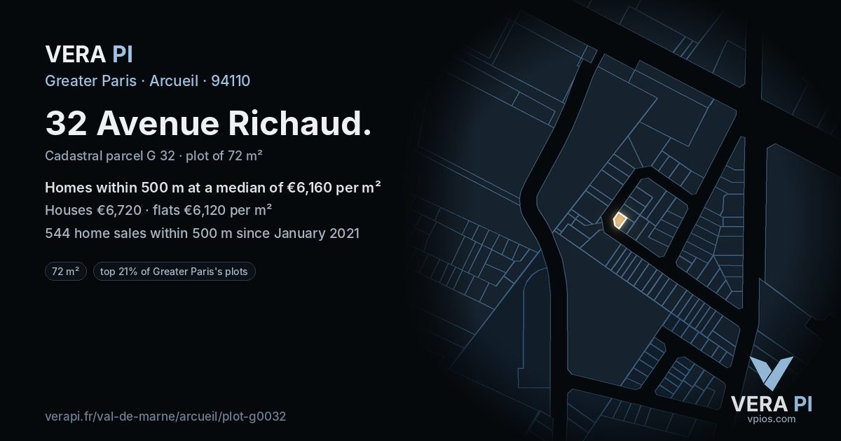 32 Avenue Richaud, Arcueil at night – the plot lit, the parcels around coloured by the prices near them
