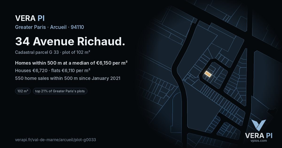 34 Avenue Richaud, Arcueil at night – the plot lit, the parcels around coloured by the prices near them