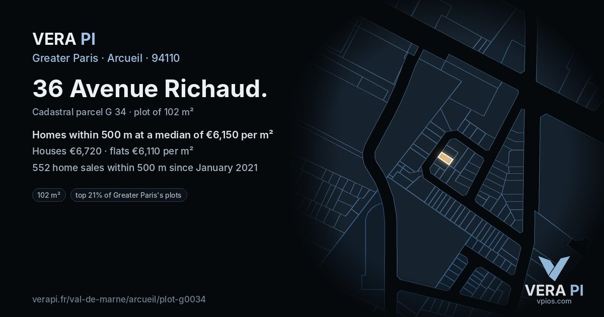 36 Avenue Richaud, Arcueil at night – the plot lit, the parcels around coloured by the prices near them