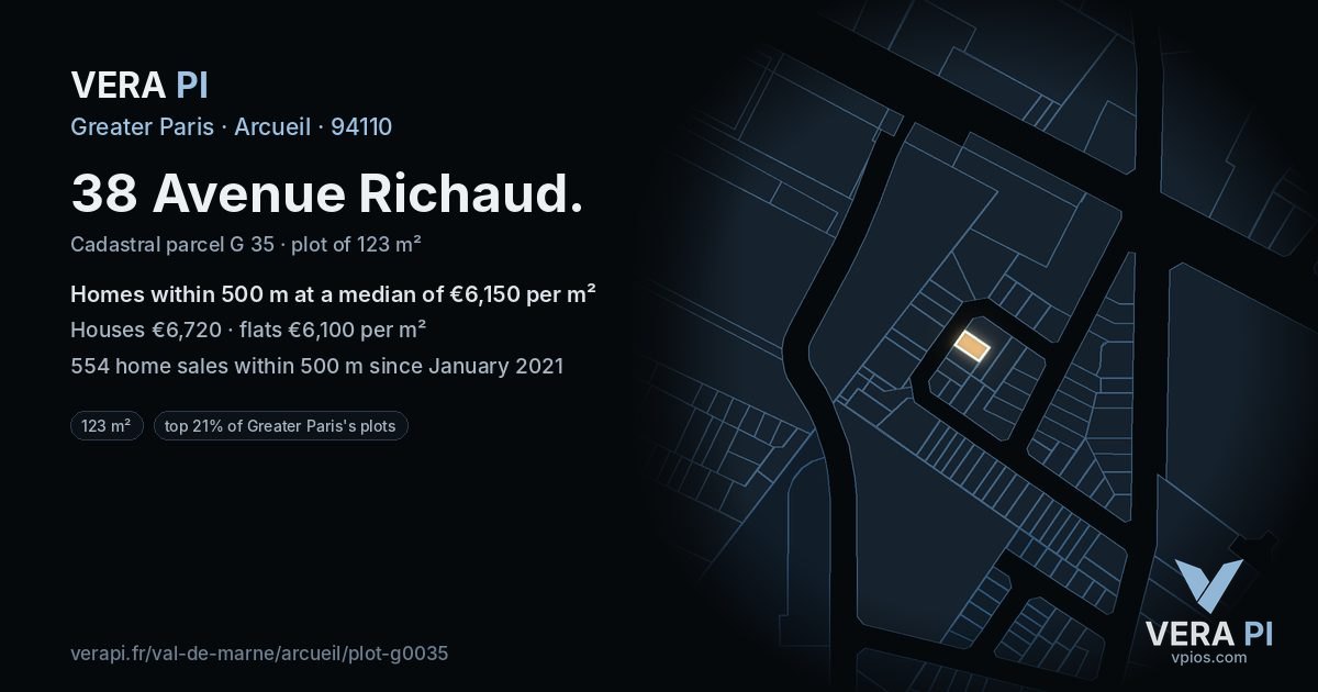 38 Avenue Richaud, Arcueil at night – the plot lit, the parcels around coloured by the prices near them