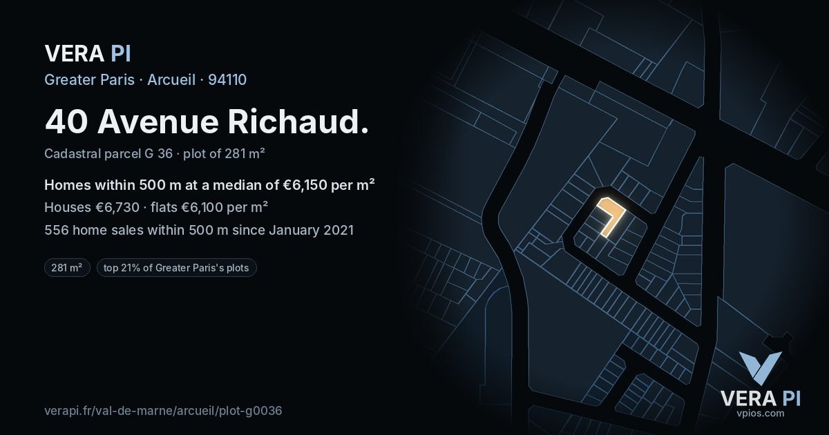 40 Avenue Richaud, Arcueil at night – the plot lit, the parcels around coloured by the prices near them
