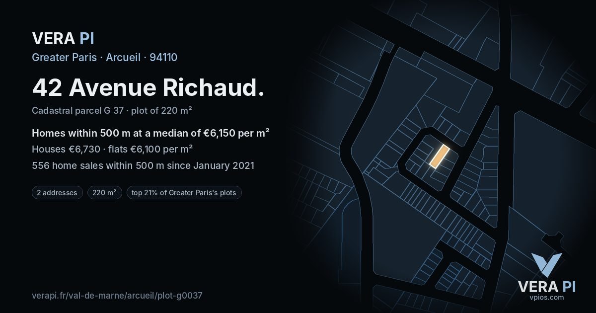 42 Avenue Richaud, Arcueil at night – the plot lit, the parcels around coloured by the prices near them