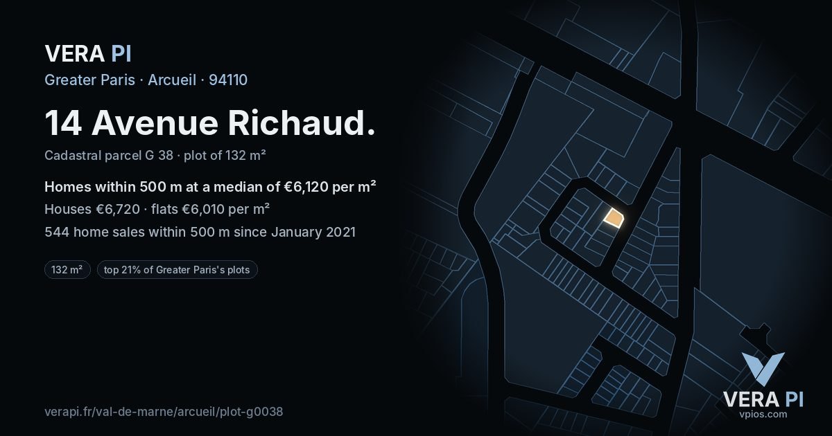 14 Avenue Richaud, Arcueil at night – the plot lit, the parcels around coloured by the prices near them