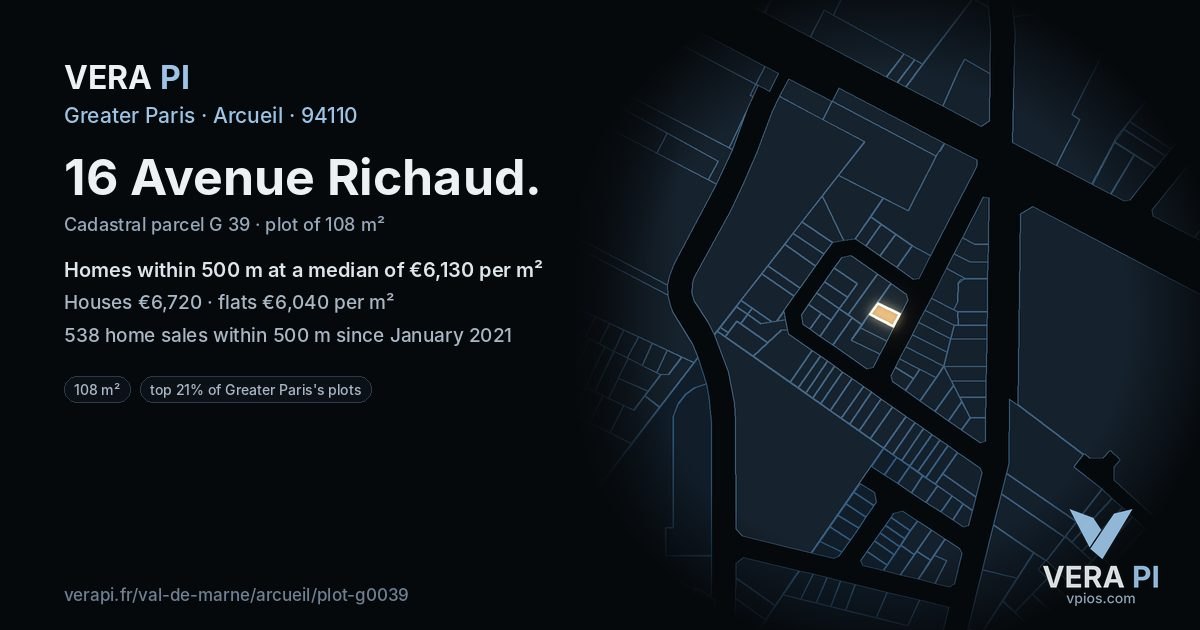16 Avenue Richaud, Arcueil at night – the plot lit, the parcels around coloured by the prices near them