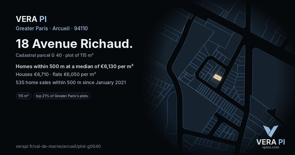 18 Avenue Richaud, Arcueil at night – the plot lit, the parcels around coloured by the prices near them