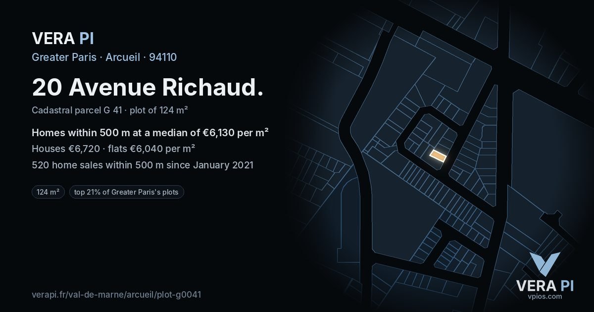 20 Avenue Richaud, Arcueil at night – the plot lit, the parcels around coloured by the prices near them