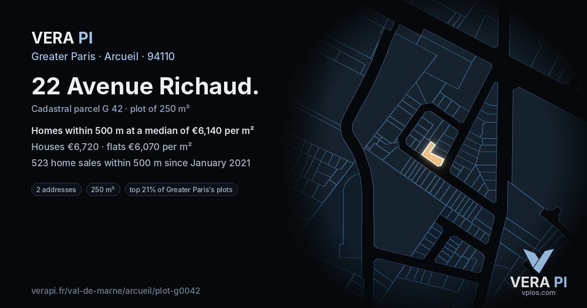 22 Avenue Richaud, Arcueil at night – the plot lit, the parcels around coloured by the prices near them