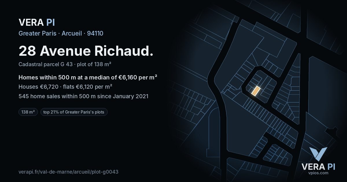 28 Avenue Richaud, Arcueil at night – the plot lit, the parcels around coloured by the prices near them