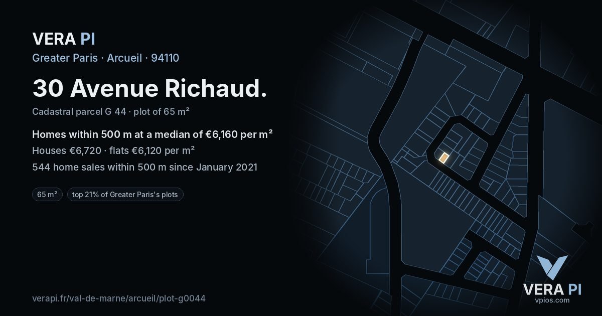 30 Avenue Richaud, Arcueil at night – the plot lit, the parcels around coloured by the prices near them