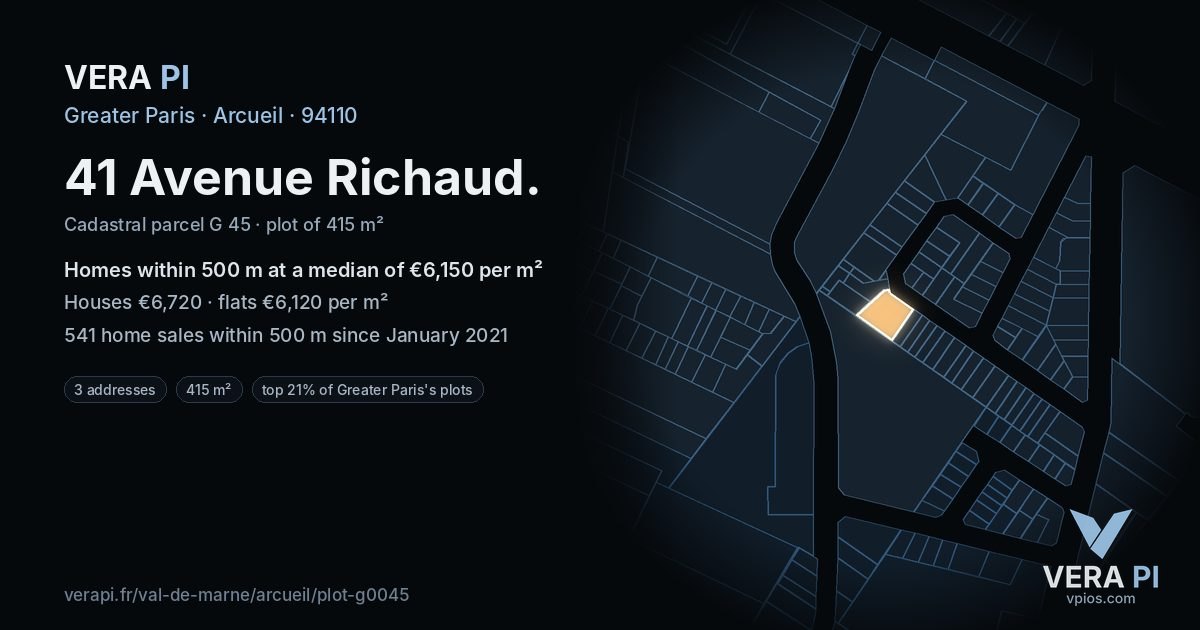 41 Avenue Richaud, Arcueil at night – the plot lit, the parcels around coloured by the prices near them