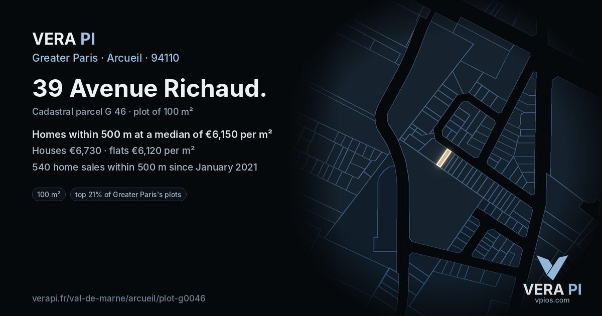 39 Avenue Richaud, Arcueil at night – the plot lit, the parcels around coloured by the prices near them