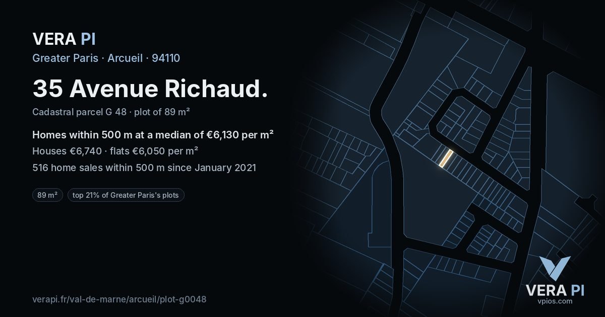 35 Avenue Richaud, Arcueil at night – the plot lit, the parcels around coloured by the prices near them