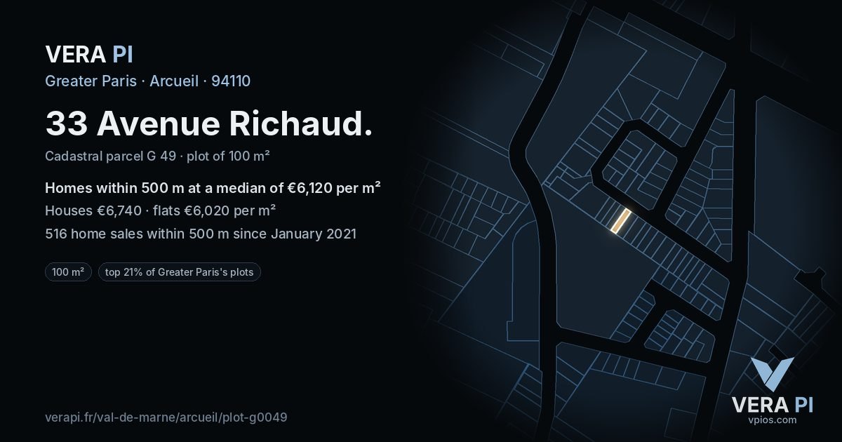 33 Avenue Richaud, Arcueil at night – the plot lit, the parcels around coloured by the prices near them