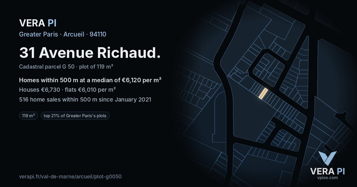 31 Avenue Richaud, Arcueil at night – the plot lit, the parcels around coloured by the prices near them