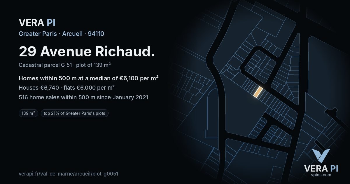 29 Avenue Richaud, Arcueil at night – the plot lit, the parcels around coloured by the prices near them
