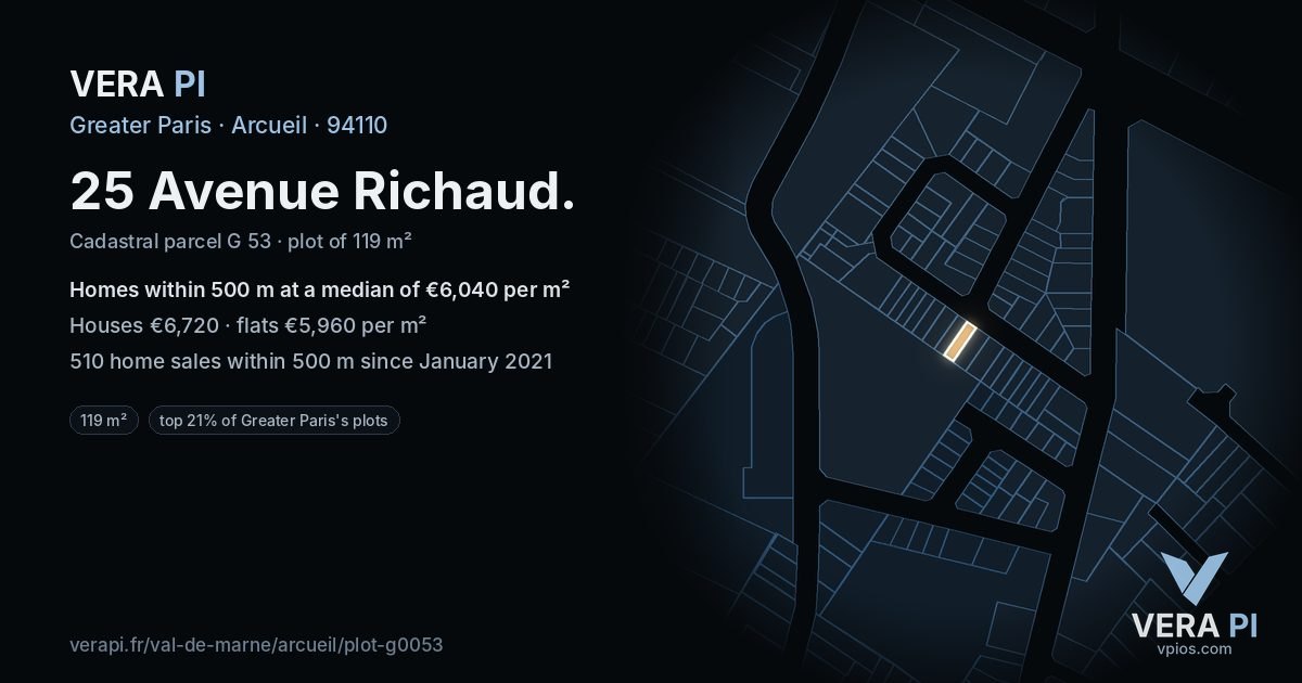 25 Avenue Richaud, Arcueil at night – the plot lit, the parcels around coloured by the prices near them