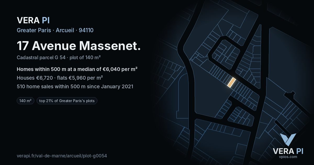 17 Avenue Massenet, Arcueil at night – the plot lit, the parcels around coloured by the prices near them