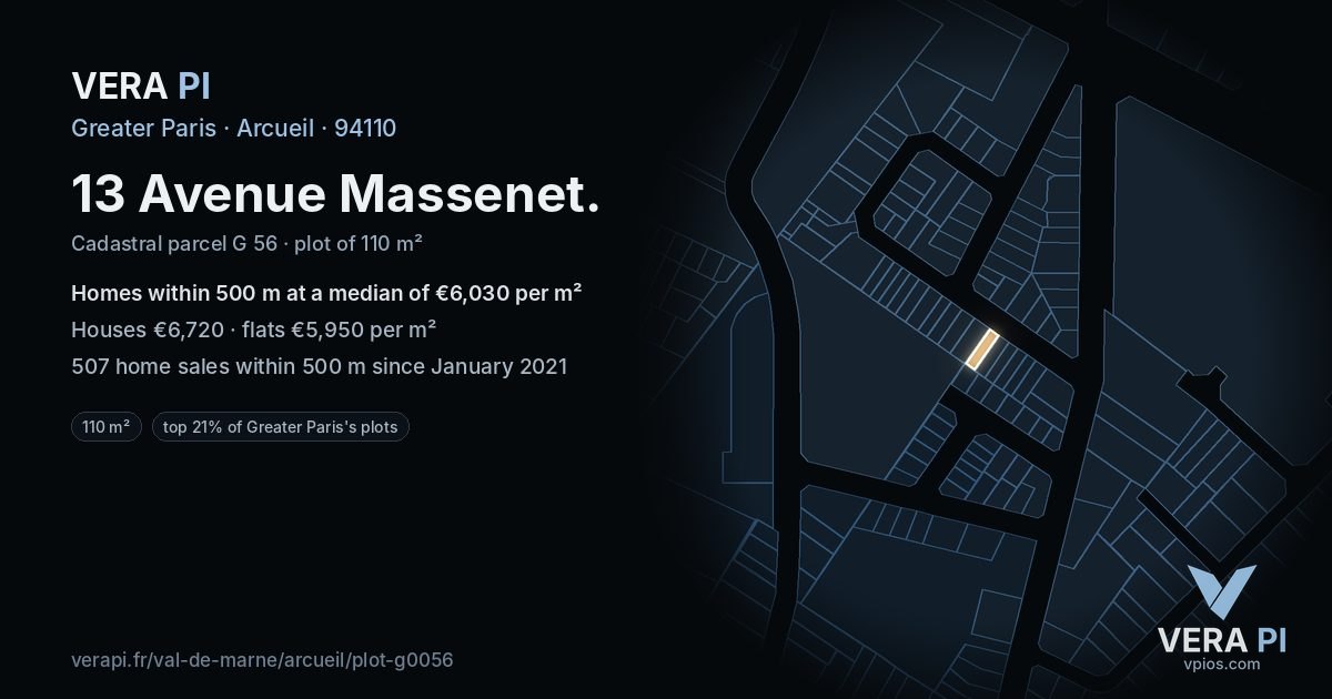 13 Avenue Massenet, Arcueil at night – the plot lit, the parcels around coloured by the prices near them