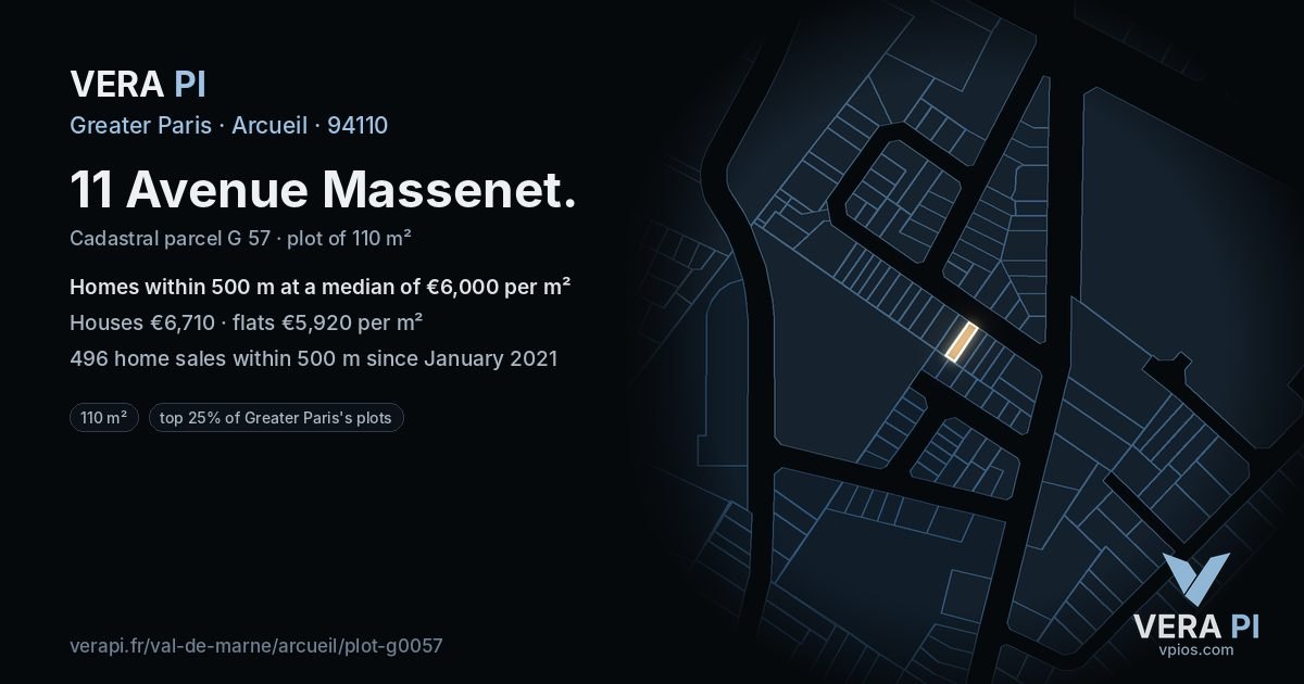 11 Avenue Massenet, Arcueil at night – the plot lit, the parcels around coloured by the prices near them