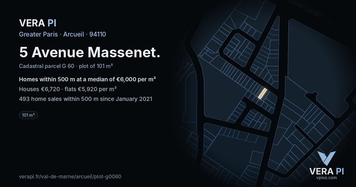 5 Avenue Massenet, Arcueil at night – the plot lit, the parcels around coloured by the prices near them