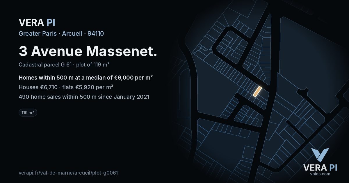 3 Avenue Massenet, Arcueil at night – the plot lit, the parcels around coloured by the prices near them