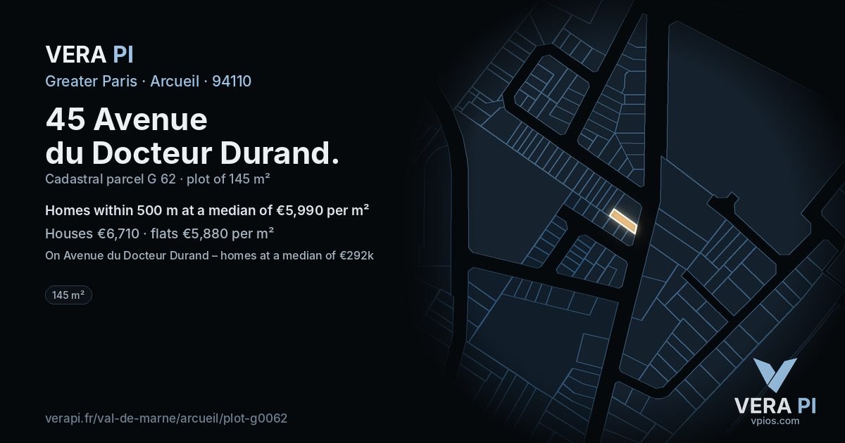 45 Avenue du Docteur Durand, Arcueil at night – the plot lit, the parcels around coloured by the prices near them