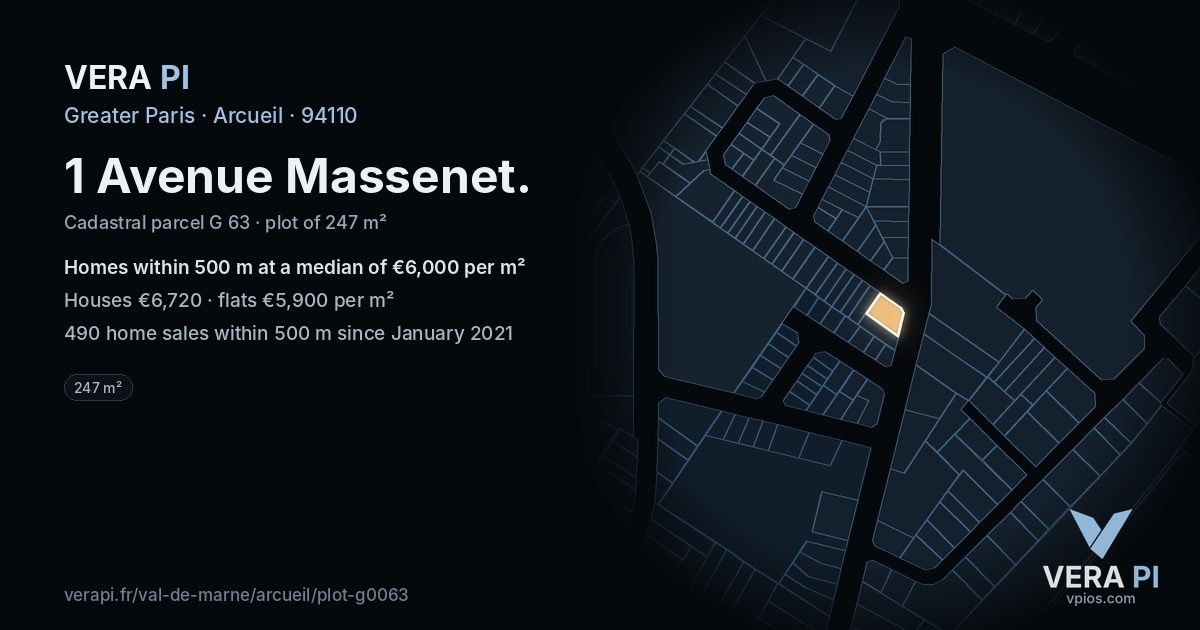 1 Avenue Massenet, Arcueil at night – the plot lit, the parcels around coloured by the prices near them