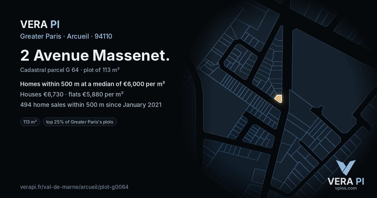 2 Avenue Massenet, Arcueil at night – the plot lit, the parcels around coloured by the prices near them