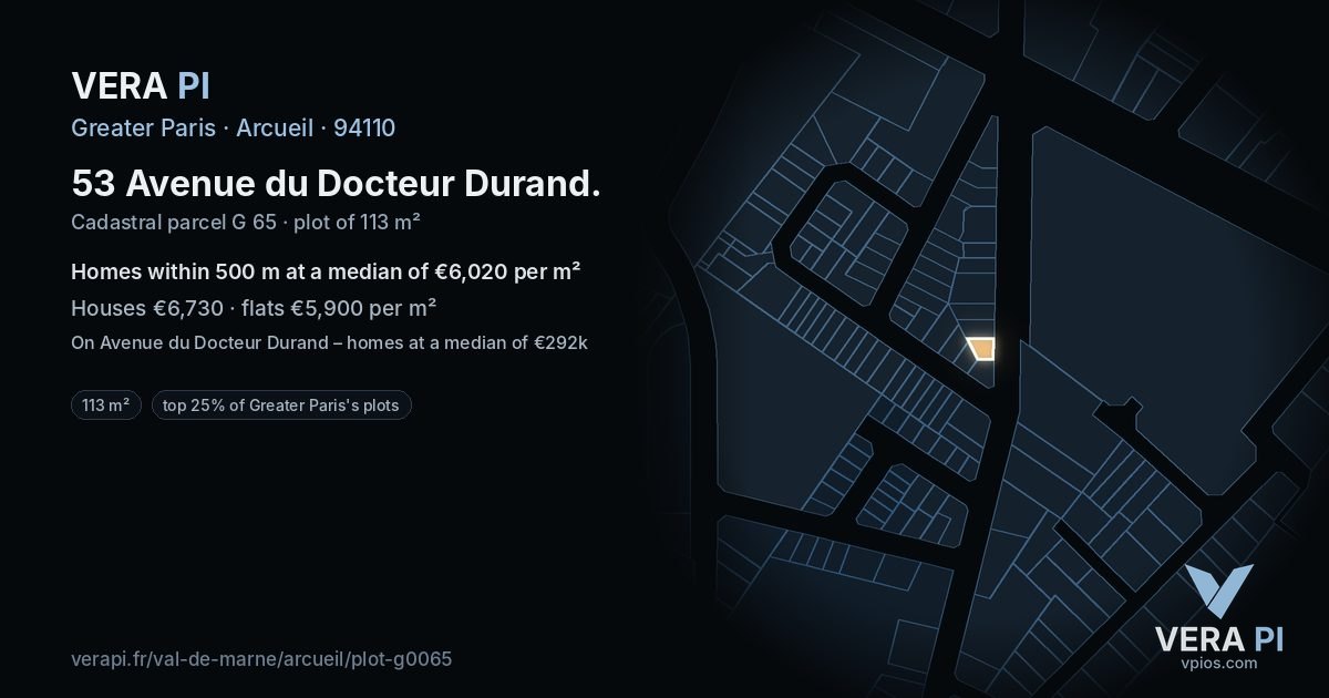 53 Avenue du Docteur Durand, Arcueil at night – the plot lit, the parcels around coloured by the prices near them