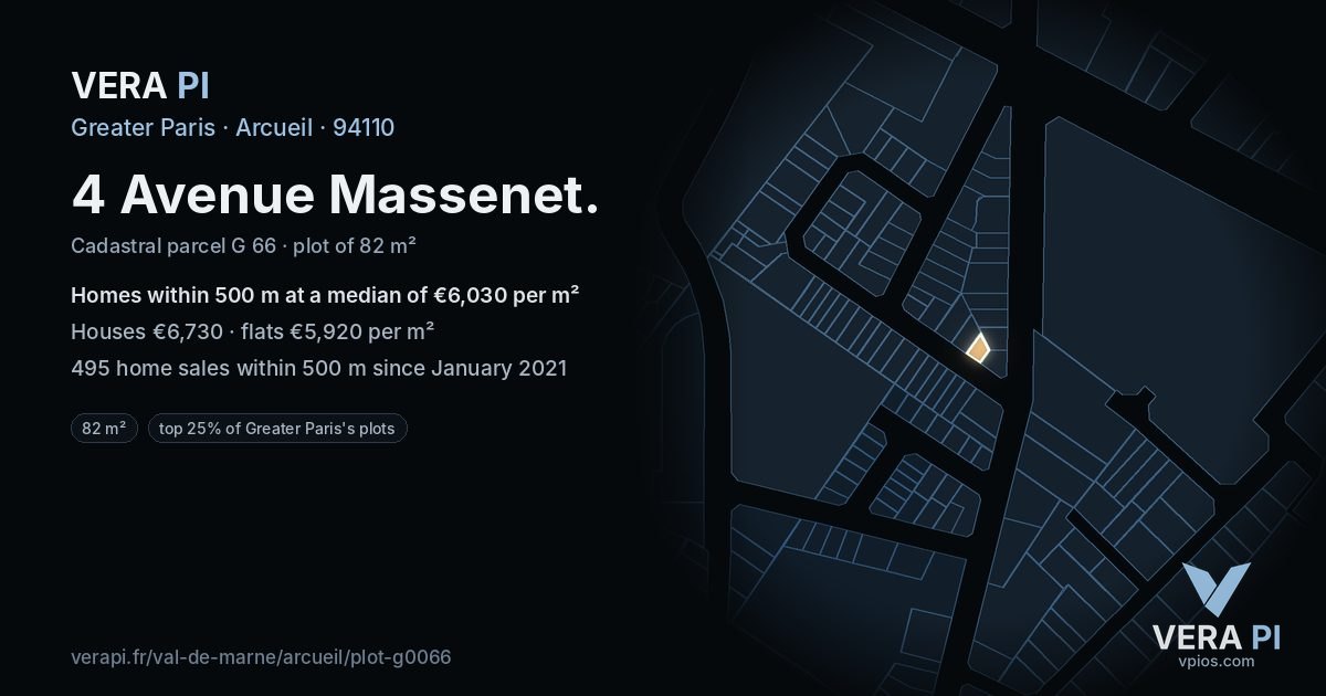 4 Avenue Massenet, Arcueil at night – the plot lit, the parcels around coloured by the prices near them