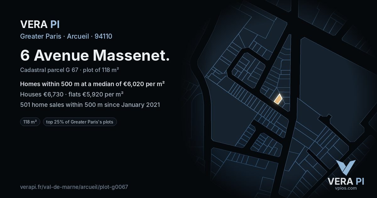 6 Avenue Massenet, Arcueil at night – the plot lit, the parcels around coloured by the prices near them