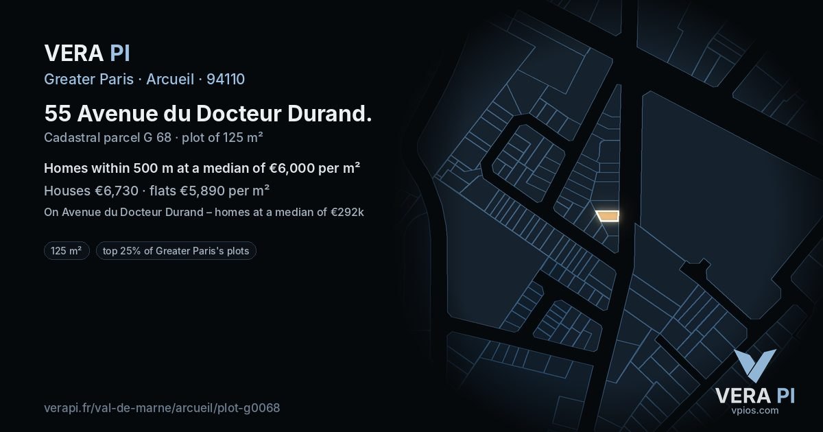 55 Avenue du Docteur Durand, Arcueil at night – the plot lit, the parcels around coloured by the prices near them