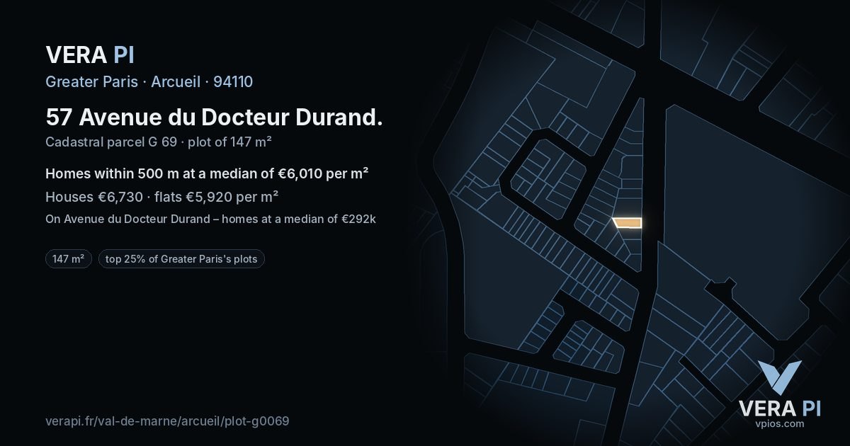 57 Avenue du Docteur Durand, Arcueil at night – the plot lit, the parcels around coloured by the prices near them