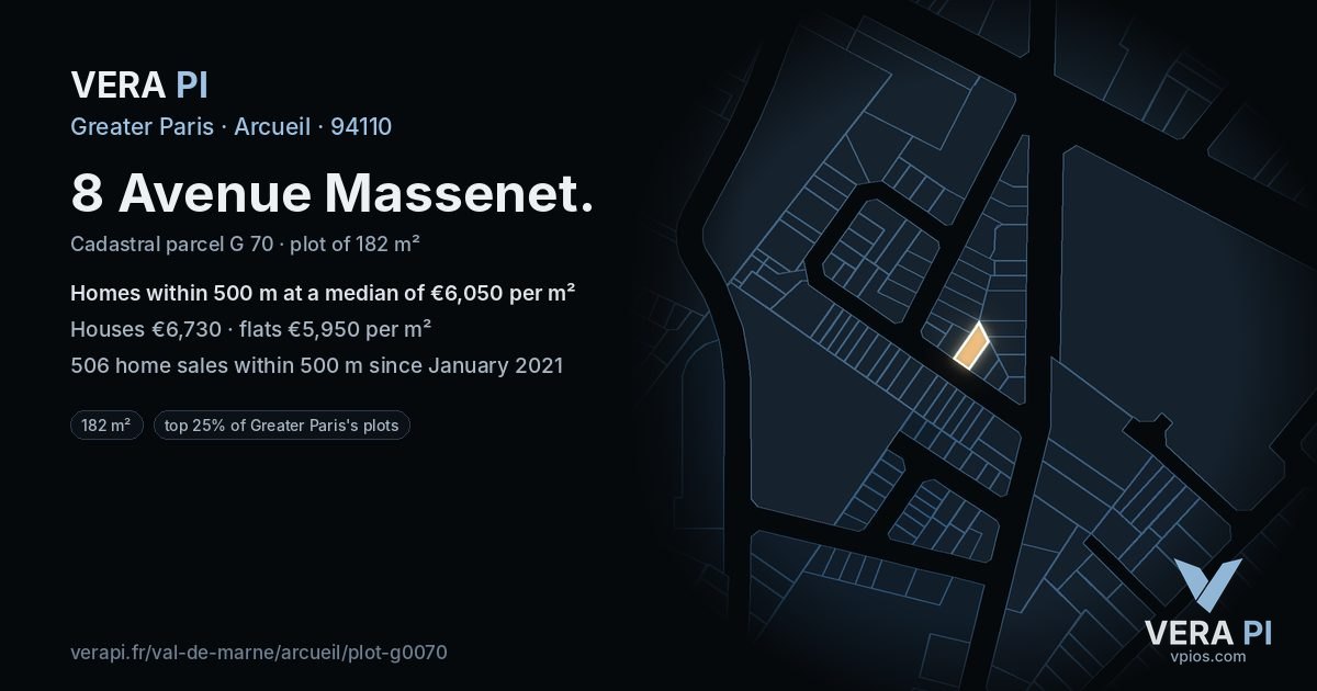 8 Avenue Massenet, Arcueil at night – the plot lit, the parcels around coloured by the prices near them