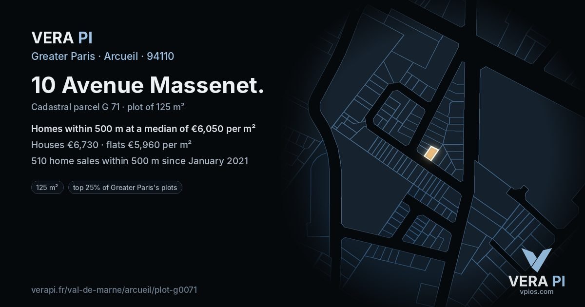 10 Avenue Massenet, Arcueil at night – the plot lit, the parcels around coloured by the prices near them