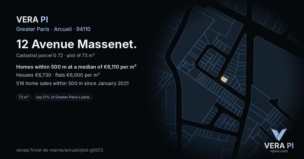 12 Avenue Massenet, Arcueil at night – the plot lit, the parcels around coloured by the prices near them