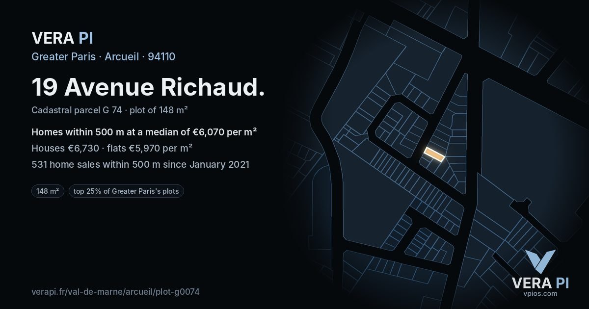 19 Avenue Richaud, Arcueil at night – the plot lit, the parcels around coloured by the prices near them