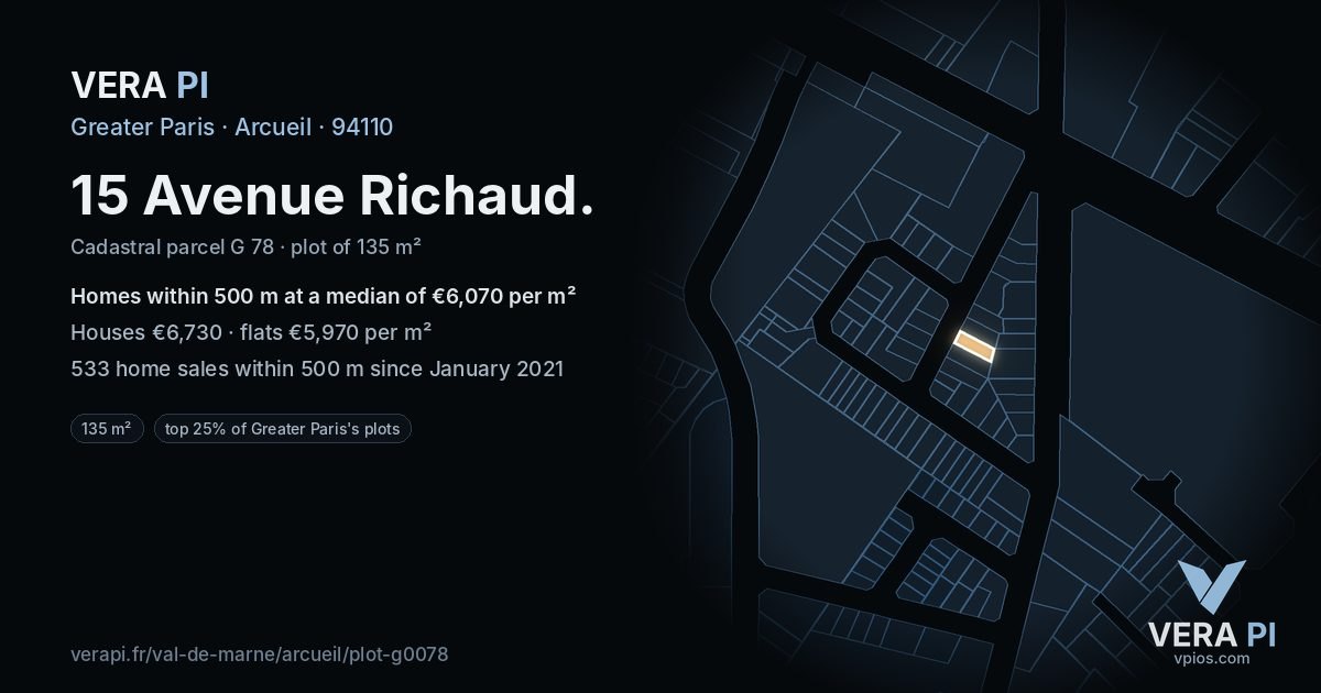 15 Avenue Richaud, Arcueil at night – the plot lit, the parcels around coloured by the prices near them