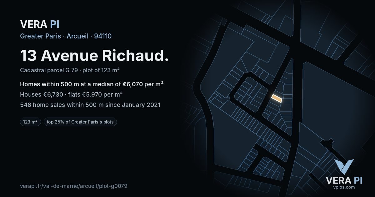 13 Avenue Richaud, Arcueil at night – the plot lit, the parcels around coloured by the prices near them