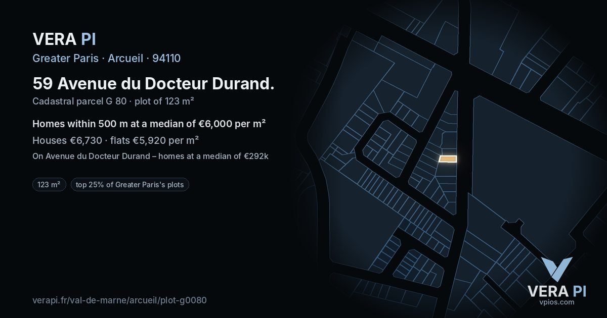 59 Avenue du Docteur Durand, Arcueil at night – the plot lit, the parcels around coloured by the prices near them