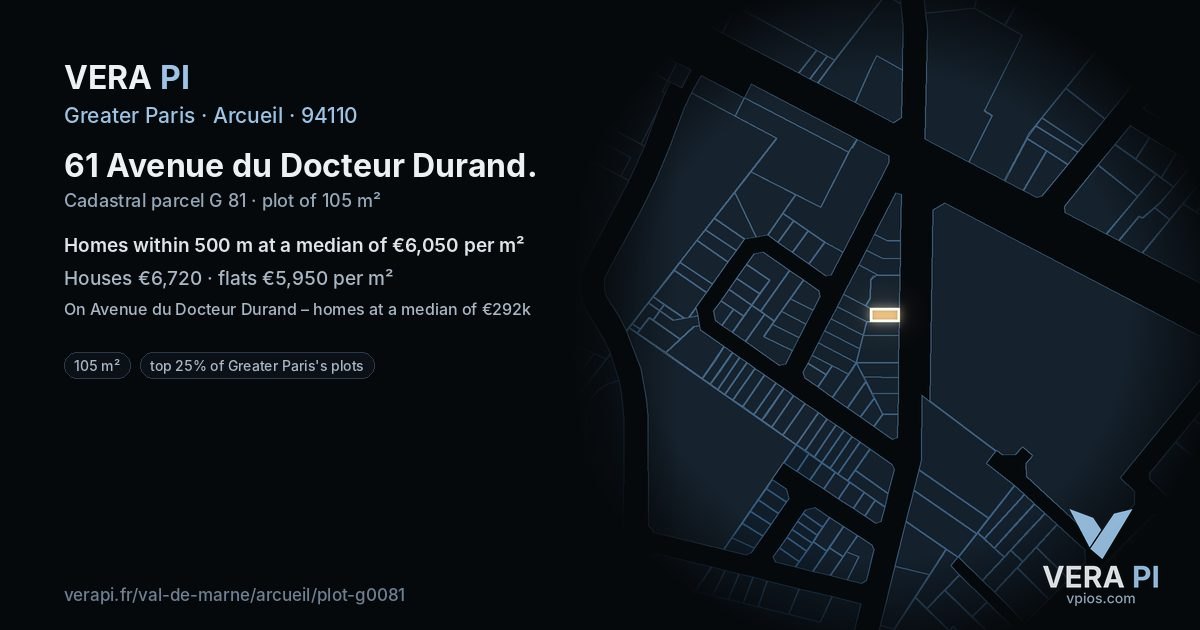 61 Avenue du Docteur Durand, Arcueil at night – the plot lit, the parcels around coloured by the prices near them