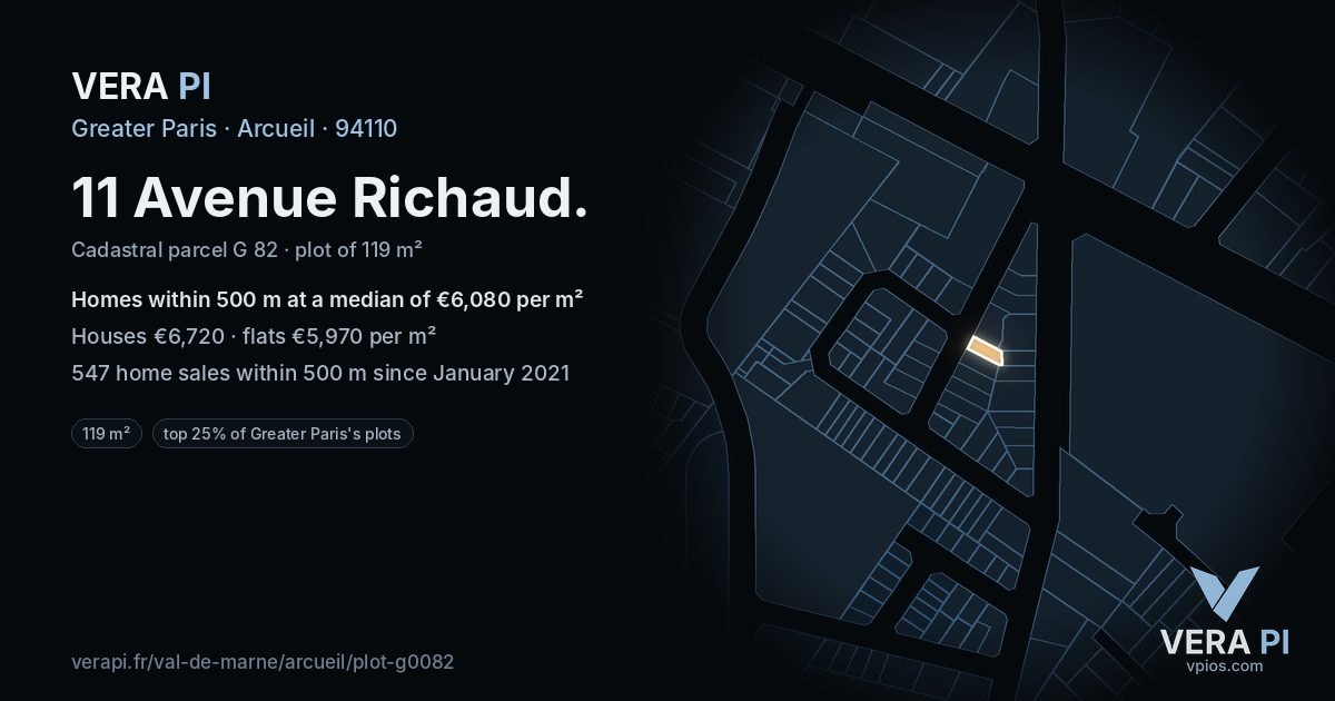 11 Avenue Richaud, Arcueil at night – the plot lit, the parcels around coloured by the prices near them