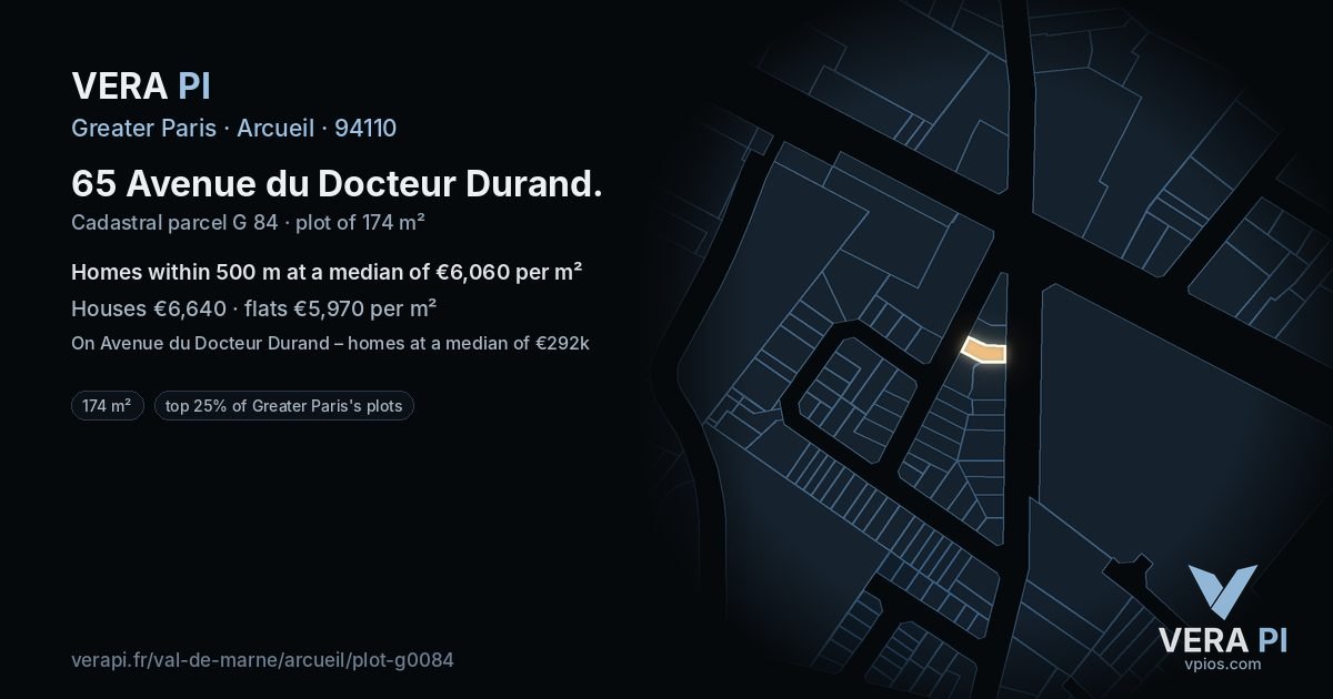 65 Avenue du Docteur Durand, Arcueil at night – the plot lit, the parcels around coloured by the prices near them