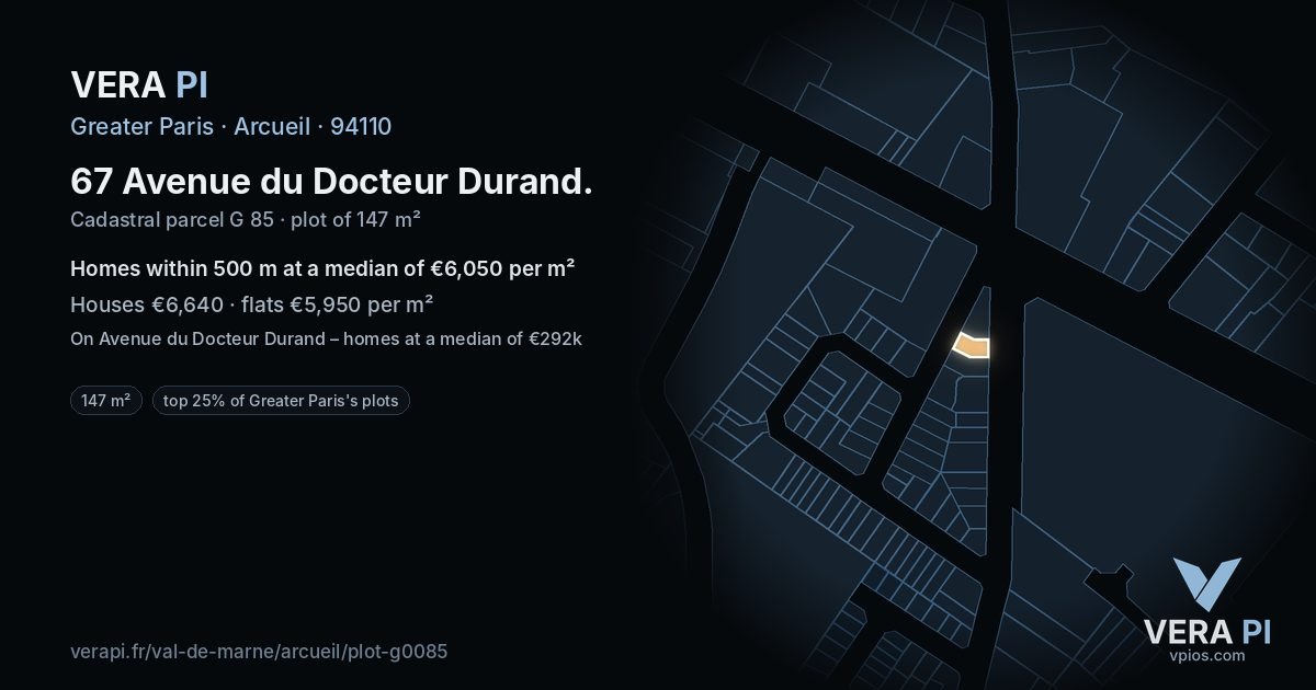 67 Avenue du Docteur Durand, Arcueil at night – the plot lit, the parcels around coloured by the prices near them