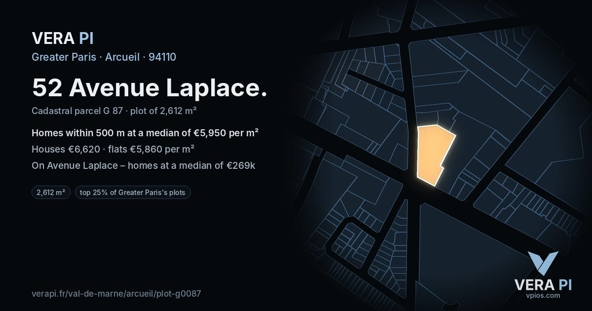 52 Avenue Laplace, Arcueil at night – the plot lit, the parcels around coloured by the prices near them