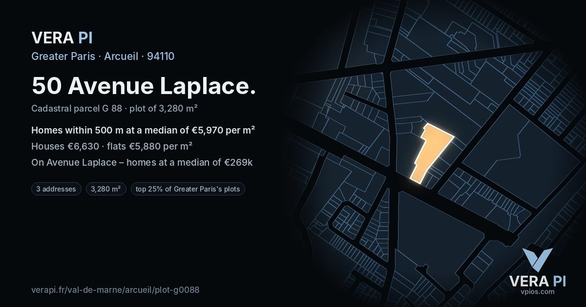 50 Avenue Laplace, Arcueil at night – the plot lit, the parcels around coloured by the prices near them